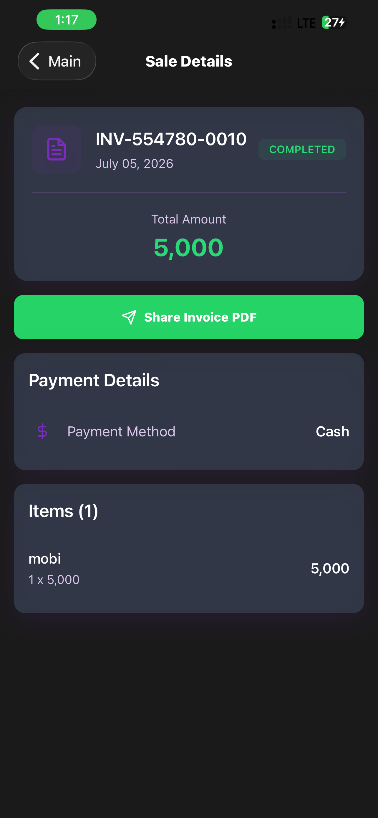 MobixPOS invoice detail on mobile