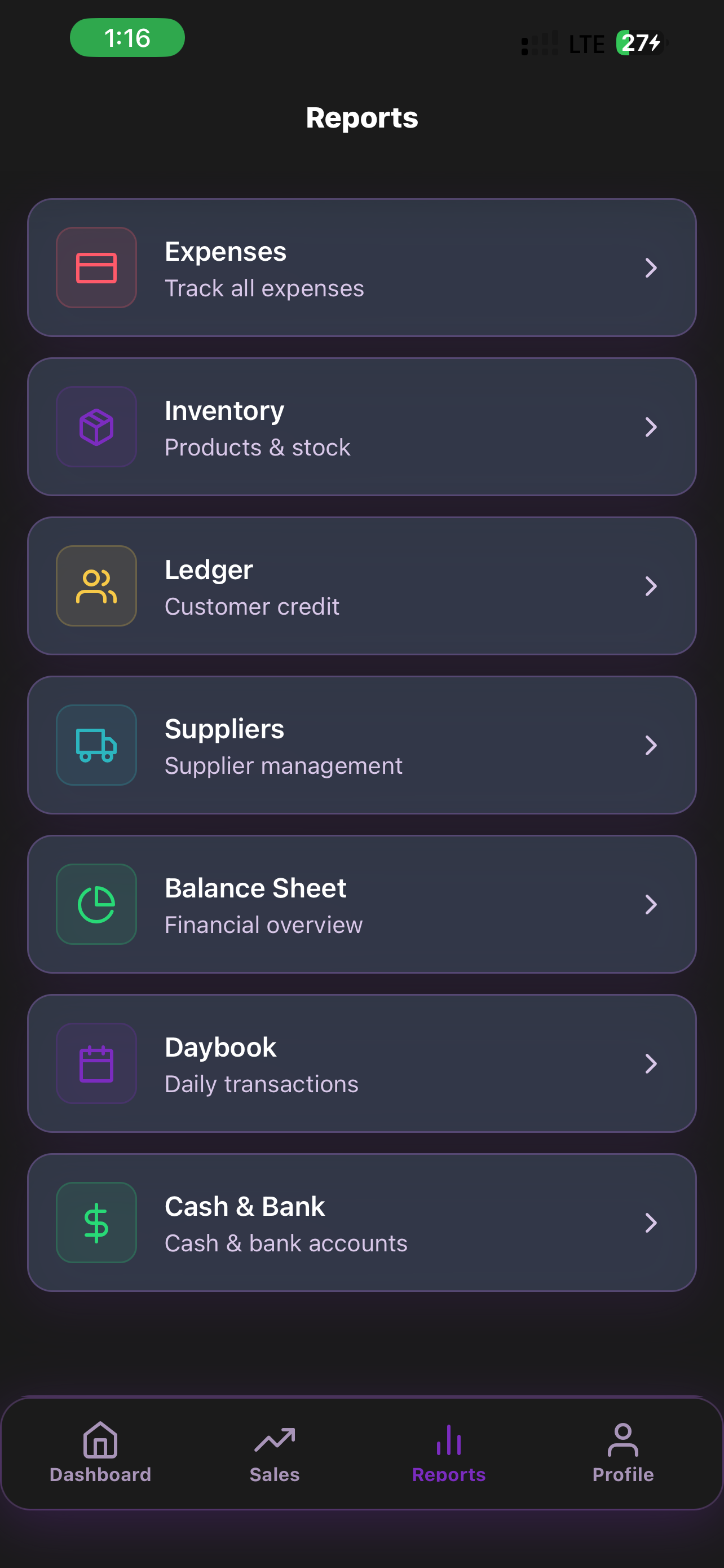 MobixPOS reports menu on mobile